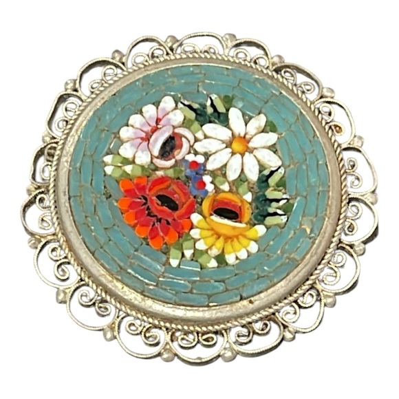 Top LIKED ITEM Vintage Italian Micro Mosaic Glass and Silver brooch. - Picture 2 of 5